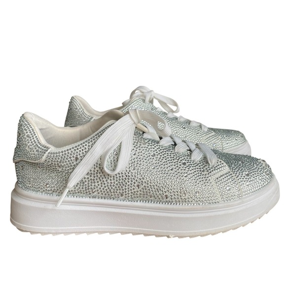 Madden Girl Shoes - Madden Girl Jeena Rhinestone Lace Up Sneakers 9M White Platform Glam Wedding